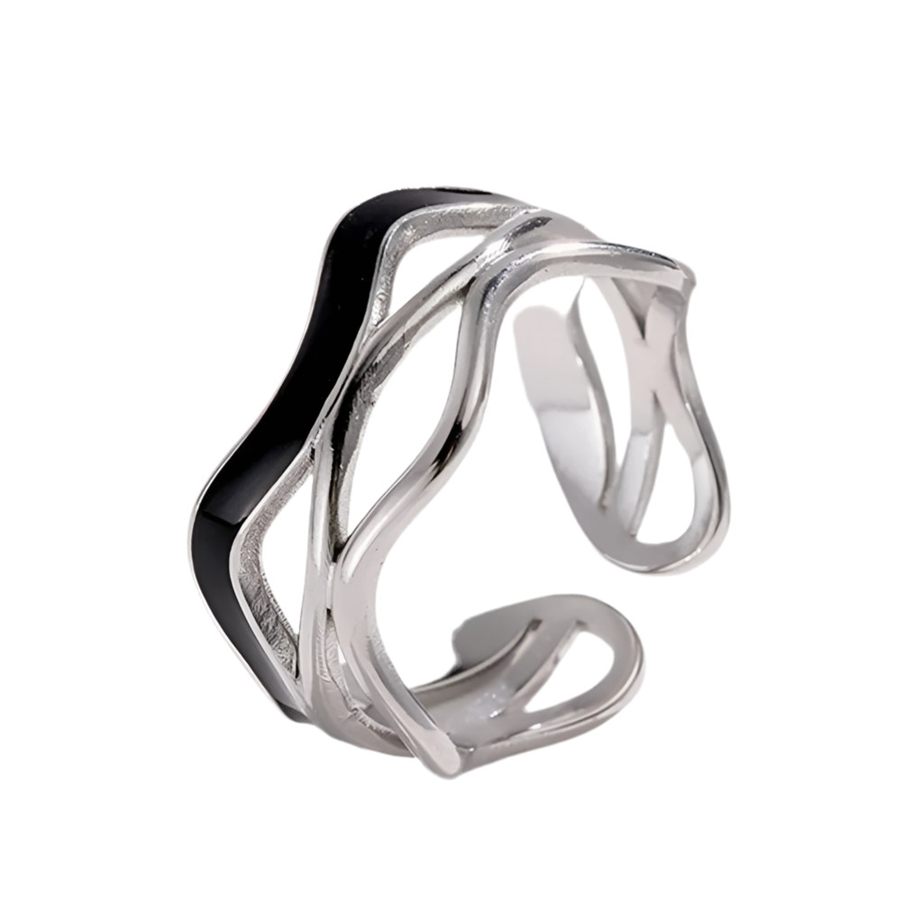 Anillo Ondulado Plateado Negro